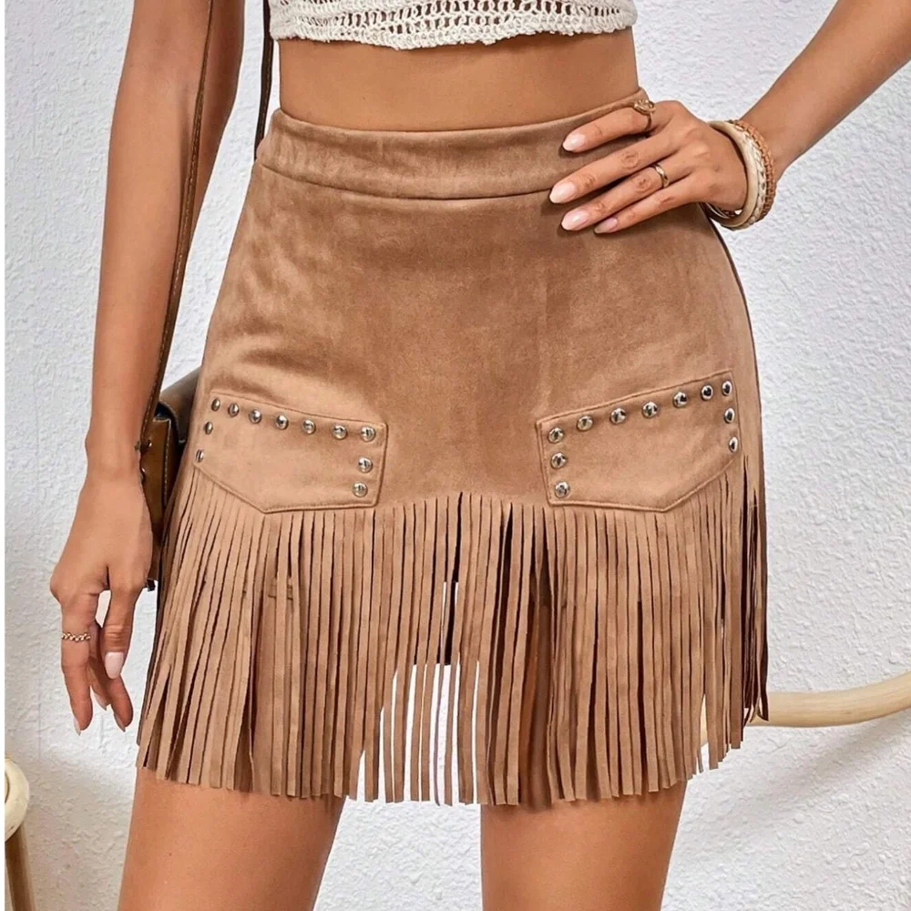 Western Fringe Hem Studded Mini Skirt - Picture 5 of 9